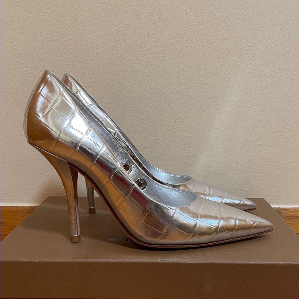 Burberry Heels Aubri Pointy Silver Leather Pumps Women's Size 38 - Picture 3 of 16